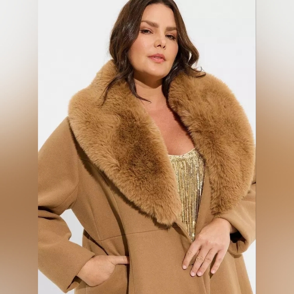 Torrid Camel Mid Length Faux Fur Fit And Flare Coat Size 5X NWT - Picture 4 of 6